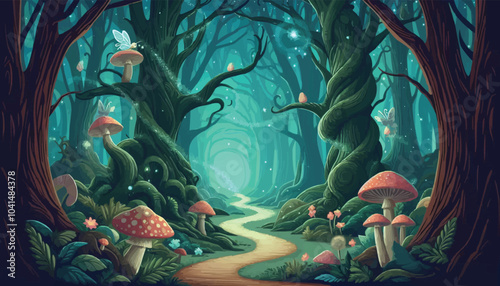 Mystical woodland with ancient trees lush vegetation and sparkling fairy lights background