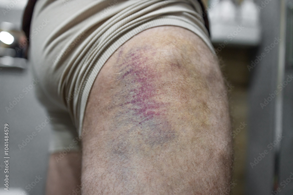 Fototapeta premium Huge yellow-blue bruise with an abrasion on the thigh