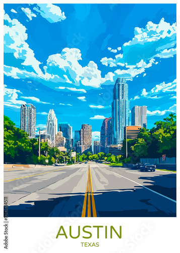 Austin Texas Poster Illustration Travel Print Decor Gift Paper Canvas Wall Retro Art #1041484511