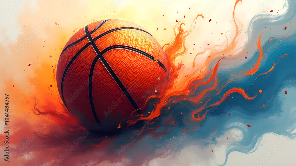 Obraz premium A vibrant basketball surrounded by colorful flames and swirling smoke, showcasing the energy and excitement of the sport during a dynamic moment