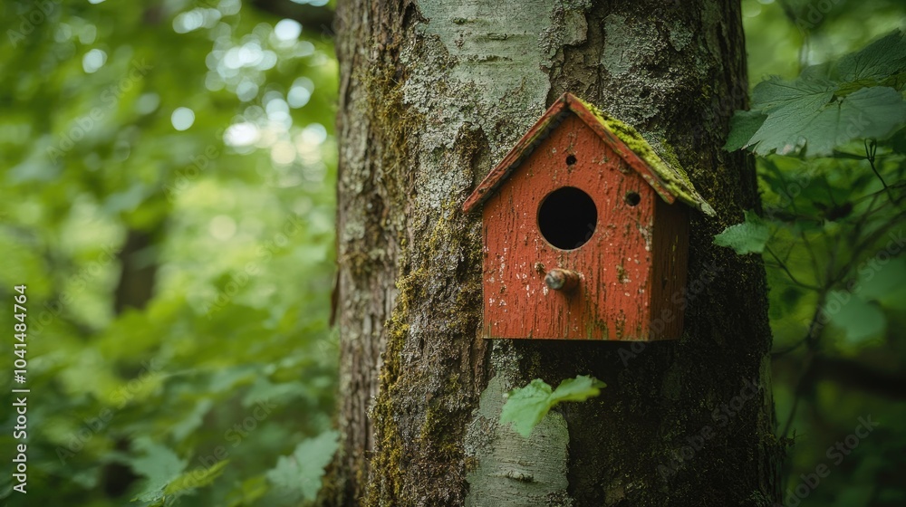Red birdhouse mounted on a tree. This image can be used for home, nature, and wildlife themes. Red birdhouse mounted on a tree. This image can be used for home, nature, and wildlife themes.