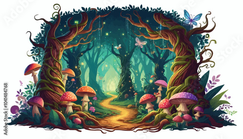 Mystical woodland with ancient trees lush vegetation and sparkling fairy lights background