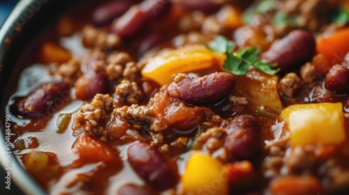 Close up shot of a hearty chili featuring red beans ground beef and a variety of vegetables