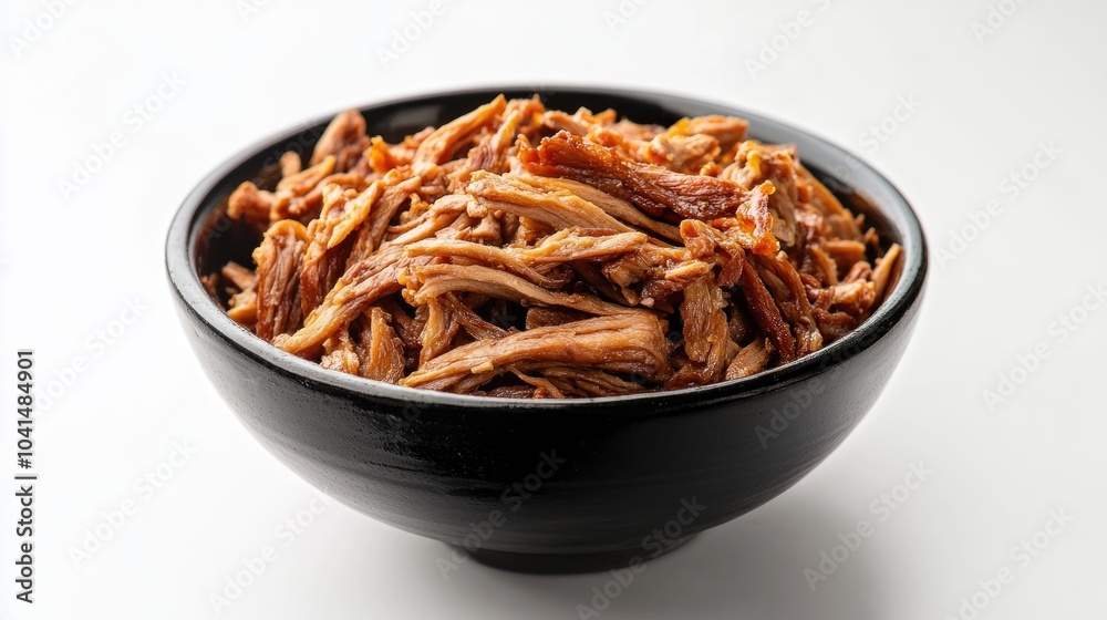 Shredded dried pork served in a bowl against a clean white backdrop Shredded dried pork served in a bowl against a clean white backdrop