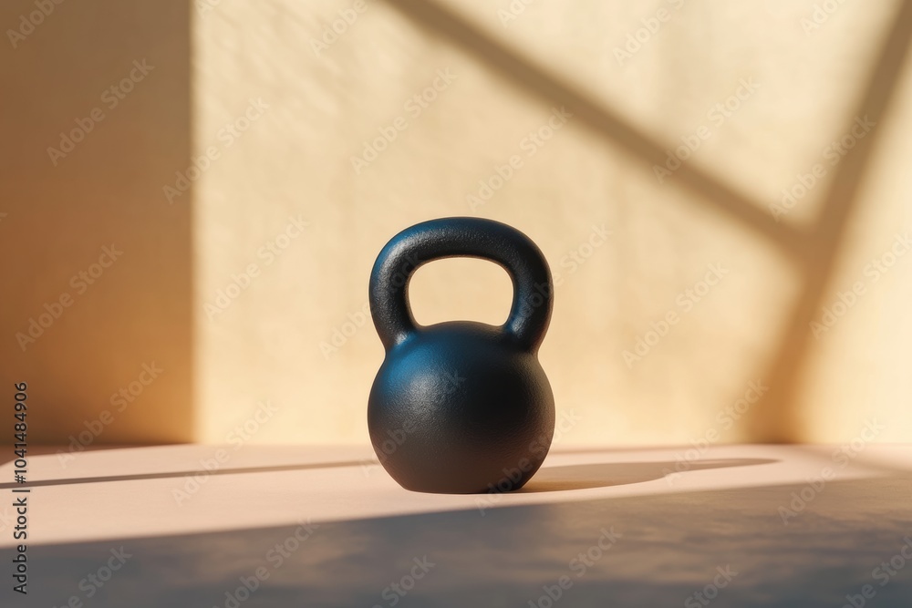 Fototapeta premium A black kettlebell is positioned on a wooden surface, illuminated by warm sunlight, suggesting a calm workout environment. Generative AI