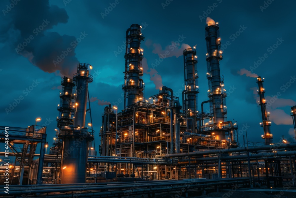 A modern oil refinery at dusk, featuring illuminated towers and extensive piping. The industrial structure emits smoke, contrasting against the deep blue evening sky A modern oil refinery at dusk, featuring illuminated towers and extensive piping. The industrial structure emits smoke, contrasting against the deep blue evening sky