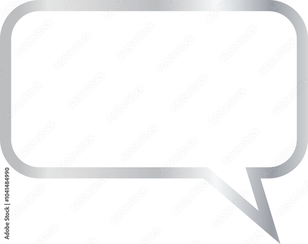 16x9 aspect ratio silver metallic speech bubble with rectangular shape, rounded corners. Blank outline talk balloon with sharp, downward-pointing triangular tail on the right, transparent background. 16x9 aspect ratio silver metallic speech bubble with rectangular shape, rounded corners. Blank outline talk balloon with sharp, downward-pointing triangular tail on the right, transparent background.