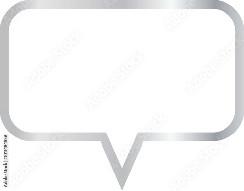 16x9 aspect ratio silver metallic speech bubble with rectangular shape, rounded corners. Blank outline talk balloon with centered, sharp, downward-pointing triangular tail on transparent background.