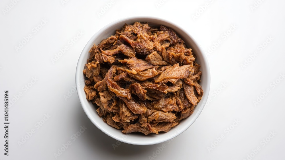 Shredded dried pork served in a bowl against a clean white backdrop