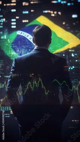 A businessman standing in front of a digital trading platform, economic growth, stock exchange with market chart, brazil economy and finance . investment trends global challenges.