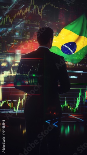 A businessman standing in front of a digital trading platform, economic growth, stock exchange with market chart, brazil economy and finance . investment trends global challenges.