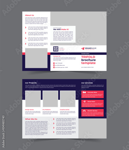 Construction business trifold brochure template design, building construction tri-fold