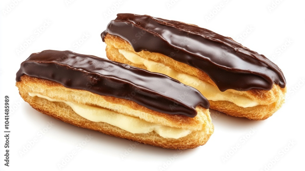 Classic French dessert featuring two eclairs filled with custard and topped with chocolate icing set against a clean white background Sweet pastry items Classic French dessert featuring two eclairs filled with custard and topped with chocolate icing set against a clean white background Sweet pastry items