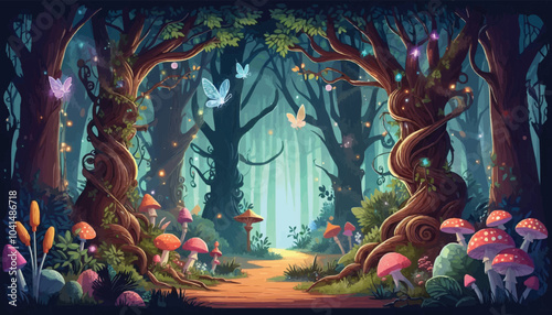 Mystical woodland with ancient trees lush vegetation and sparkling fairy lights background