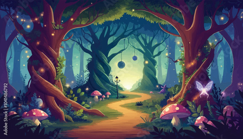 Mystical woodland with ancient trees lush vegetation and sparkling fairy lights background