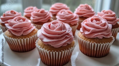 Pink frosted cupcakes adorned with sugar roses