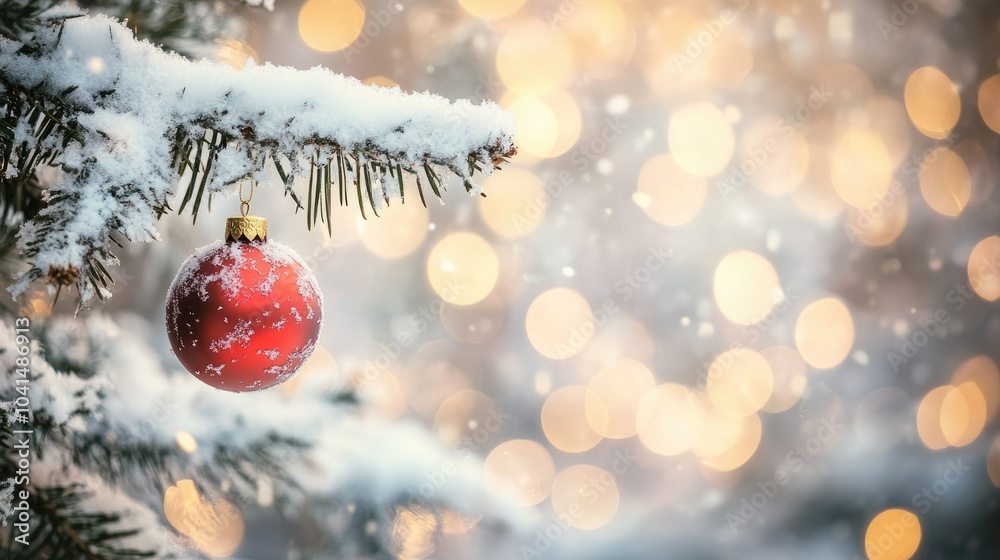 Obraz premium Red holiday ornament hanging on a snow covered tree surrounded by soft bokeh lights