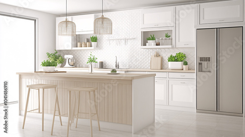 Scandinavian-style kitchen with white cabinets, light wood accents, and minimalistic design