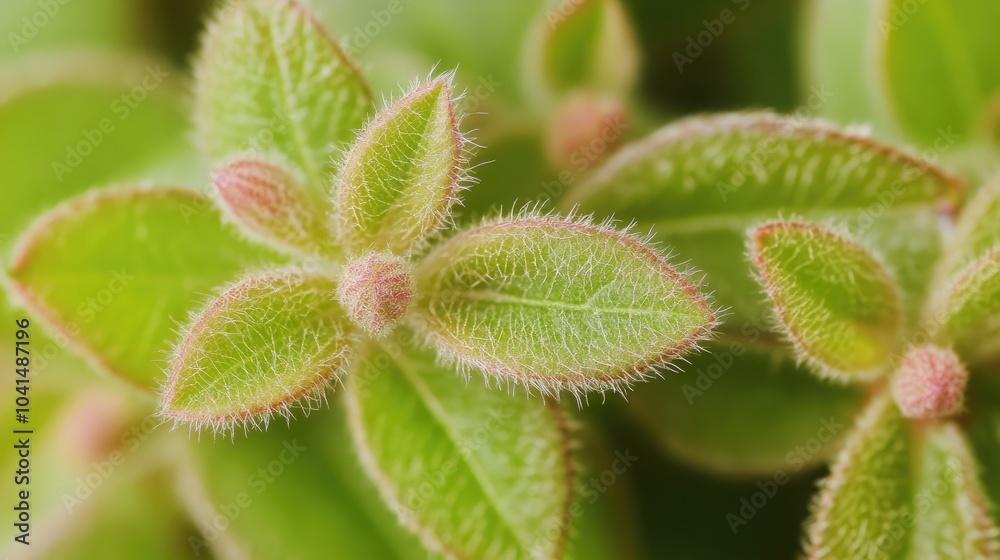 Close up of fuzzy green leaves showcasing small pink buds The texture and fine hair like structures on the leaves are clearly visible providing ample copy space Close up of fuzzy green leaves showcasing small pink buds The texture and fine hair like structures on the leaves are clearly visible providing ample copy space