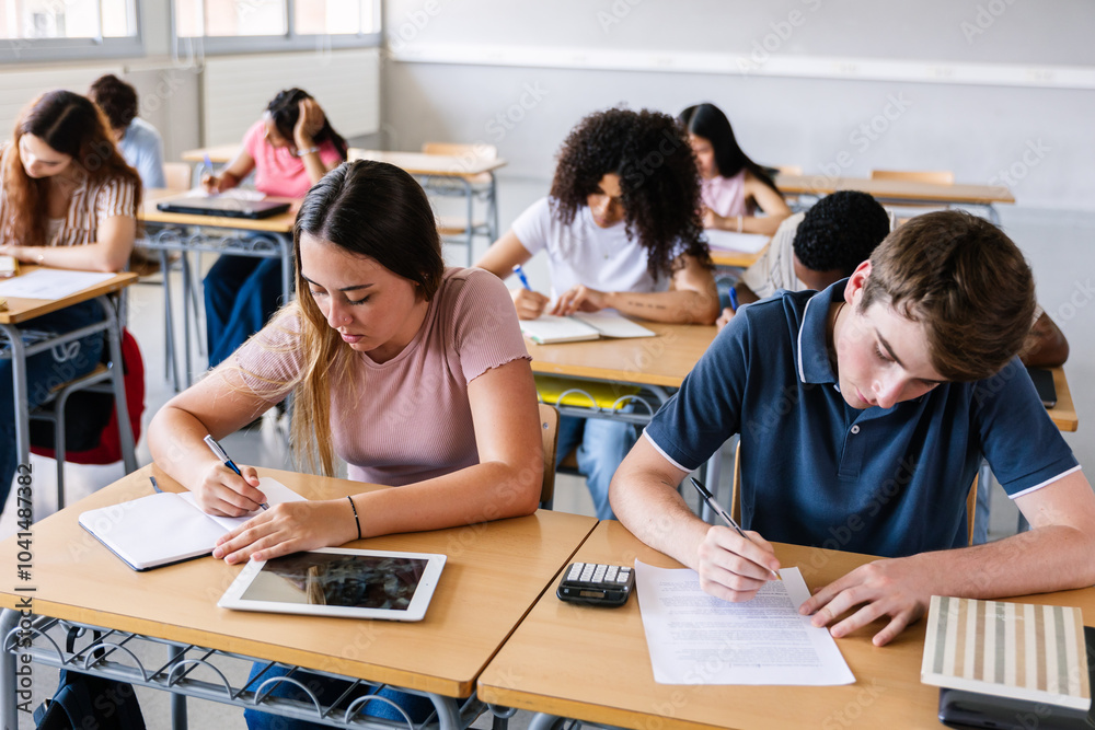 Young group of Gen Z students writing while learning during a class at high school. Education lifestyle concept. Young group of Gen Z students writing while learning during a class at high school. Education lifestyle concept.