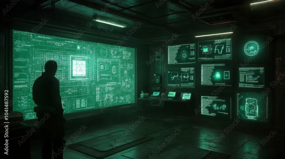 Futuristic Control Room with Digital Displays Futuristic Control Room with Digital Displays