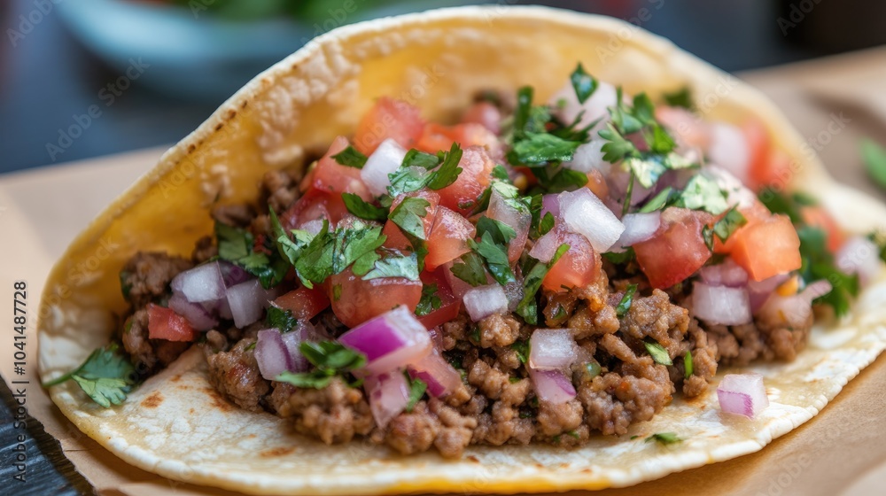 Tasty taco featuring seasoned ground meat fresh tomatoes red onions and cilantro as toppings Tasty taco featuring seasoned ground meat fresh tomatoes red onions and cilantro as toppings