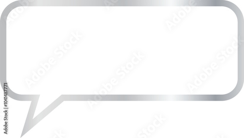 5x2 aspect ratio silver metallic speech bubble with rectangular shape, rounded corners. Blank outline talk balloon with sharp, downward-pointing triangular tail on the left on transparent background.