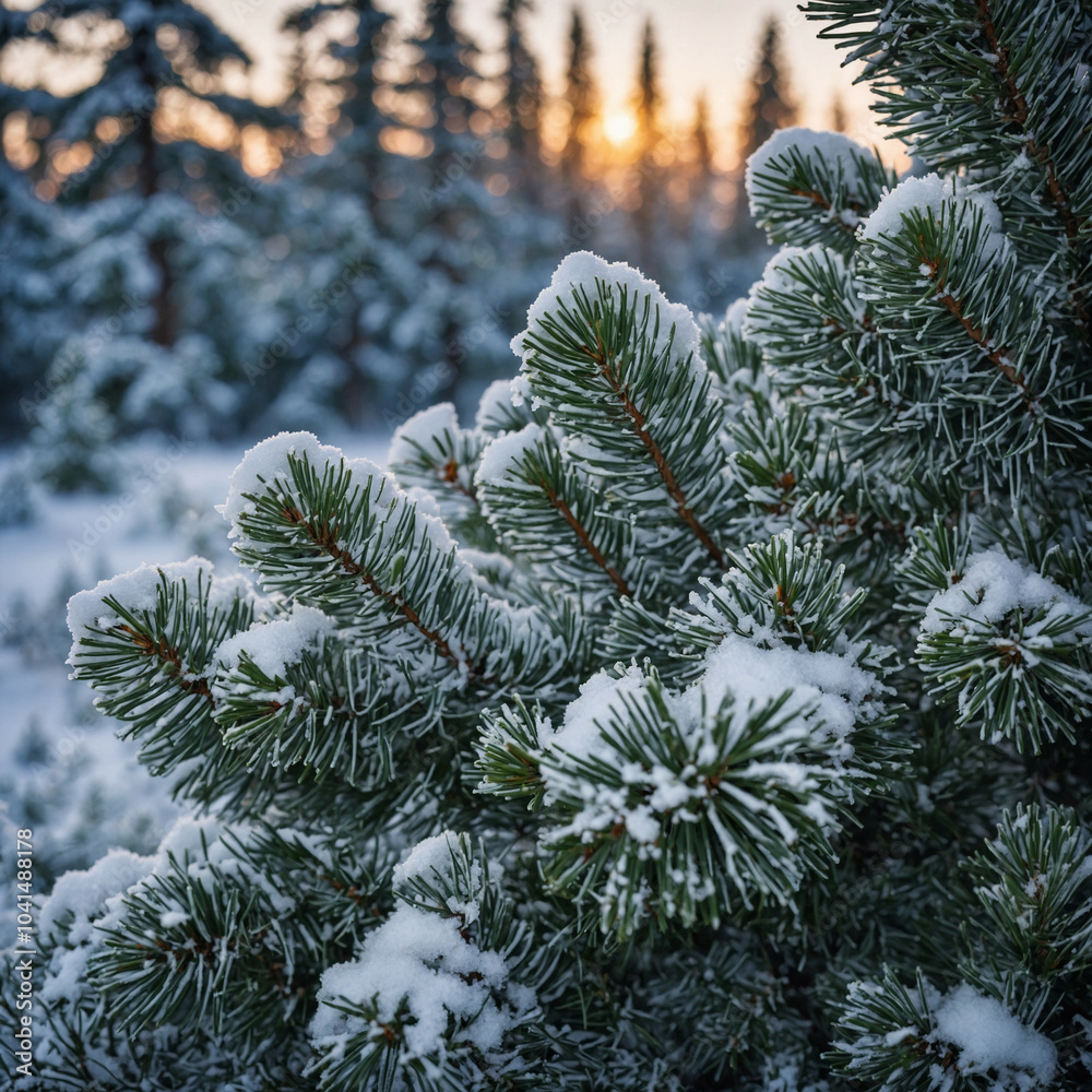 Frosty evening landscape with snow-covered pine trees in a winter forest Frosty evening landscape with snow-covered pine trees in a winter forest