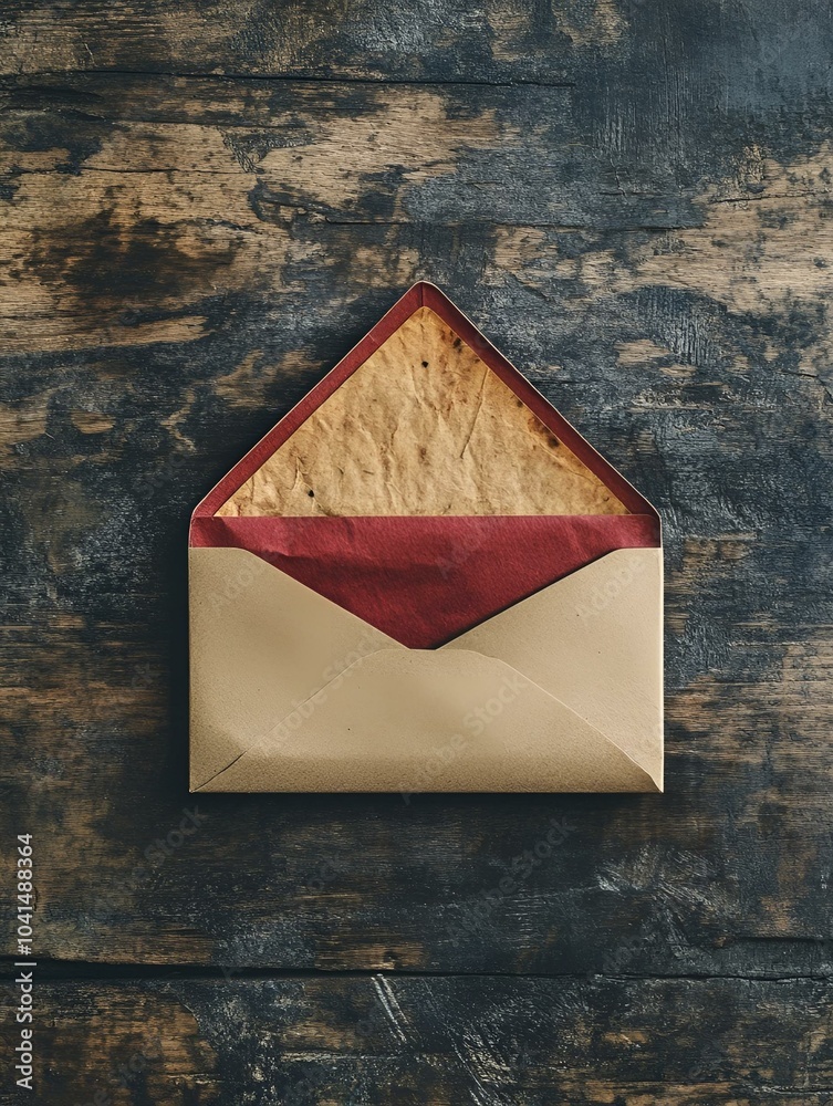 Vintage envelope with red liner on rustic wood background. Stock ...