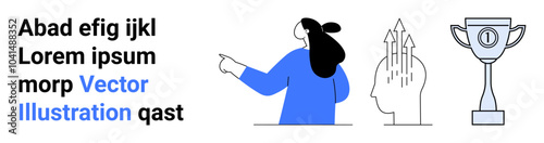 A person pointing, a head with an upward arrow graph, and a trophy symbolizing achievement. Ideal for business growth, success, motivation, innovation, and leadership. Landing page