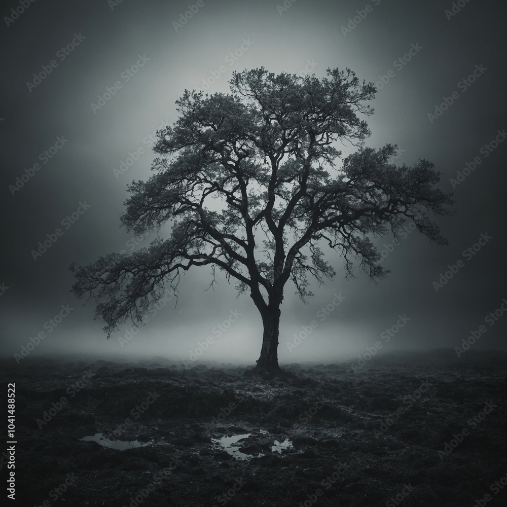 A lone tree stands in foggy landscape during twilight hours, creating a moody atmosphere A lone tree stands in foggy landscape during twilight hours, creating a moody atmosphere