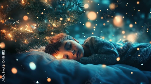 Children sleeping peacefully beneath a Christmas tree, soft fairy lights above, their dreamworld unfolding as simple silhouettes of fantastical creatures, minimal detail, calming tones