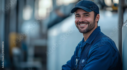 A handsome man in his thirties, wearing blue work and a hat, is smiling at the camera while standing next to an industrial water treatment plant with white tanks behind him. The im