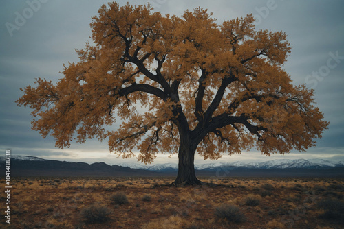 A lone tree stands in a barren landscape