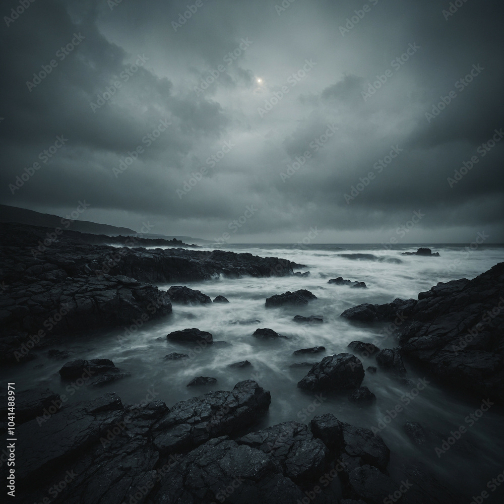 Moody coastal landscape at dusk with turbulent waves and rocky shoreline Moody coastal landscape at dusk with turbulent waves and rocky shoreline