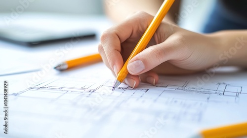 A hand holding a pencil sketches architectural plans on a blueprint.