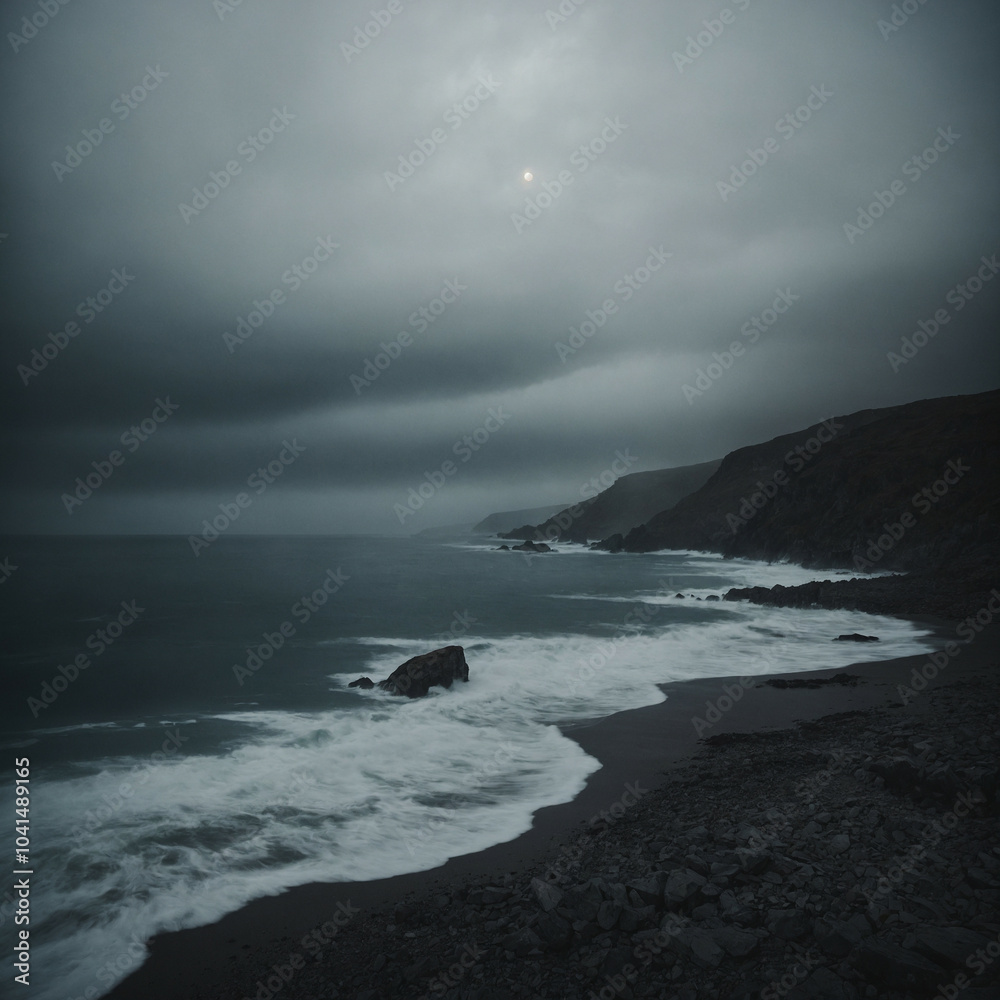 A moody coastal view at dusk with waves crashing against rocky shores A moody coastal view at dusk with waves crashing against rocky shores