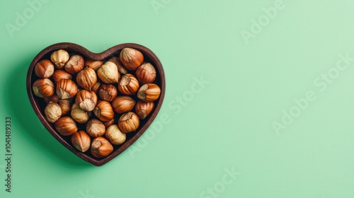 Peeled Hazelnuts In Heart Shaped Plate On Green Background Healthy Vegetarian Snacks Protein Containing Food Flat Lay Copy Space For Text