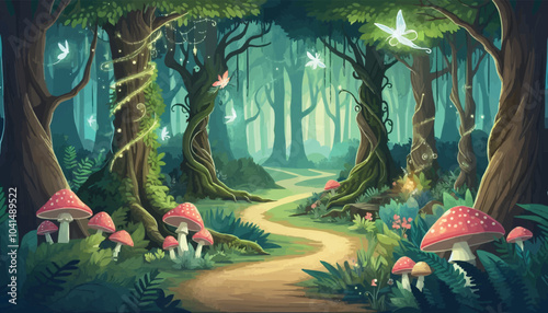 Mystical woodland with ancient trees lush vegetation and sparkling fairy lights background