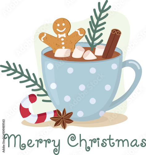 Cute gingerbread man in blue cup of hot drink with marshmallows. Hand drawn holiday concept