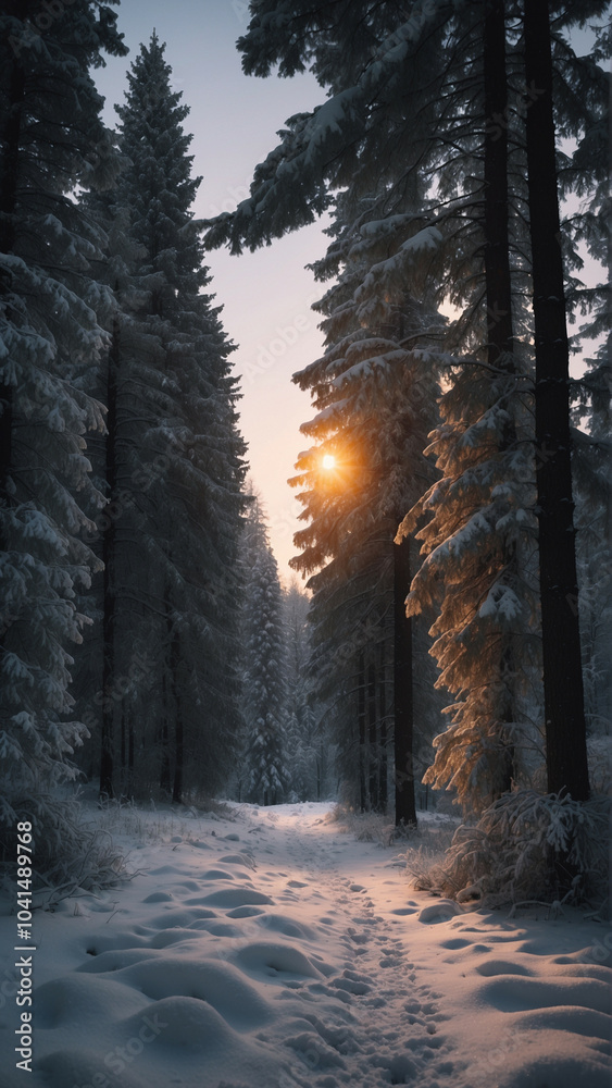 Fototapeta premium Snow-covered pine trees line a path in a frosty forest