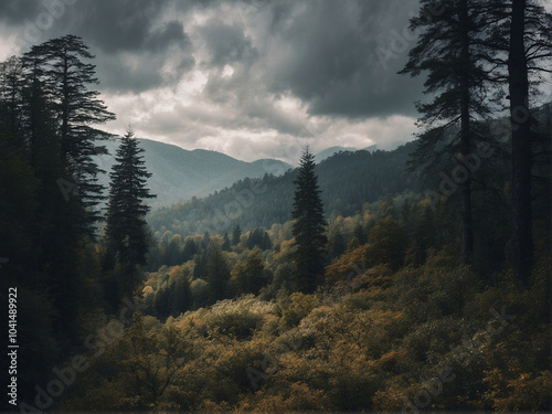 Lush mountainous forest landscape under dramatic cloudy skies during late afternoon light
