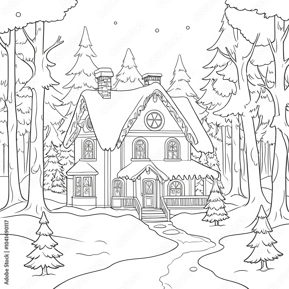 Coloring page with a house in the winter forest with a Christmas tree Coloring page with a house in the winter forest with a Christmas tree