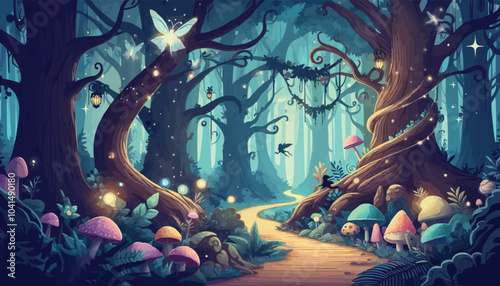 Mystical woodland with ancient trees lush vegetation and sparkling fairy lights background