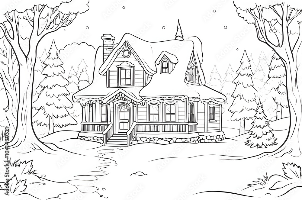 Obraz premium Coloring page with a house in the winter forest with a Christmas tree
