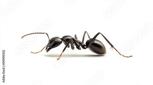 black ant walking on a white background 