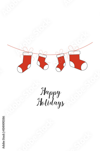Happy holidays card with Christmas gift stockings.   Xmas design. Christmas poster