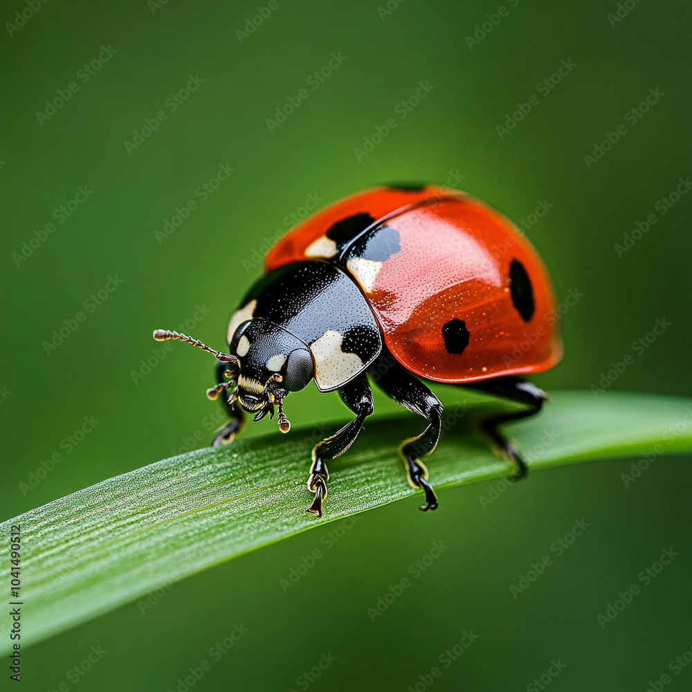Fototapeta premium Ladybug Resting on Green Grass Leaf