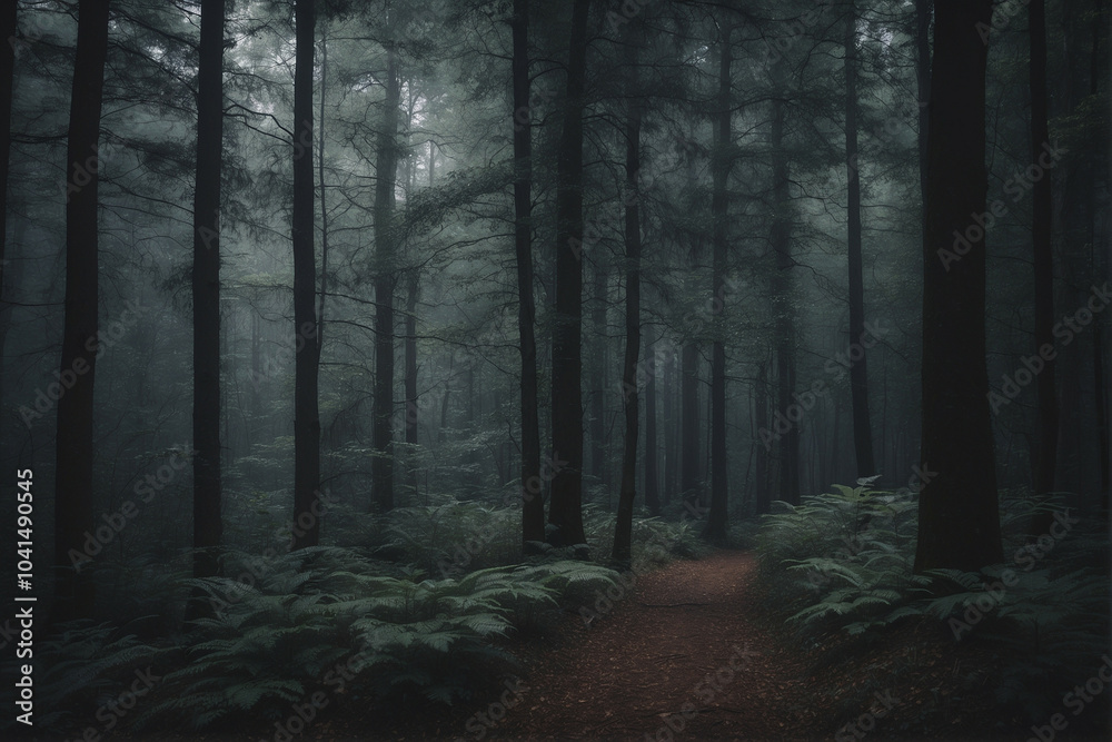 Obraz premium a tranquil dark forest path surrounded by towering trees in the early evening