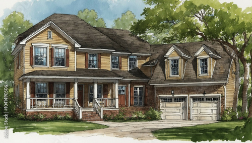 A watercolor illustration of a two-story house with a porch and double garage